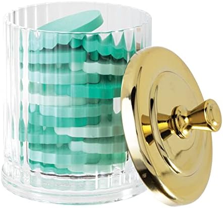 mDesign Set of 2 Bathroom Cosmetics Jar  Plastic Containers with Lid for Storage of Bath Salts, Cotton Pads & More  Versatile Makeup Organiser for Dressing Table and Vanity  Clear/Soft Brass