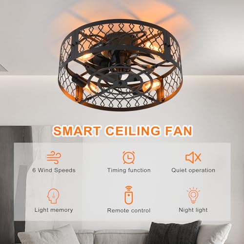 Image of Garwarm 19.6in Caged Ceiling Fan with Light, Bladeless Black Fandelier Ceiling Fans with Lights, Industrial Farmhouse Samll Fan Lights Ceiling Fixtures for Kitchen, Bedroom（6 Speed, Timing）-Black