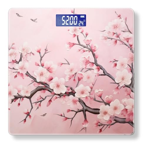 Digital Scale for Body Weight Highly Precision Bathroom Weight Scale 400 lbs with Backlit Display Personalized Scale for Home-Pink Cherry Blossom Mural Branches with Flowers On Pink Background