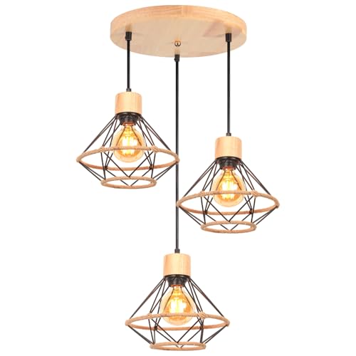TOKIUS 3 Luces Lámpara Colgante Vintage 22CM Retro Lámparas de Techo en Madera y Hierro Jaula con Cuerda de Cáñamo Negro Luz Colgante E27 Iluminación de Techo para Salón Comedor Cocina (Araña A)