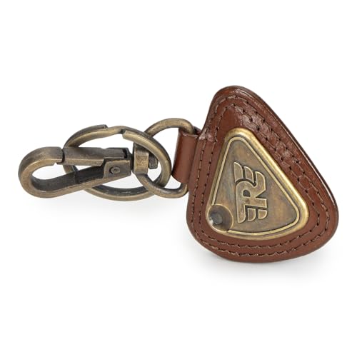 Image of Royal Enfield BATTERY BOX TRIANGLE KEYCHAIN TAN | Material: 100% LEATHER | Type: LEATHER | Gender:UNISEX Categorisation: RE BATTERY BOX