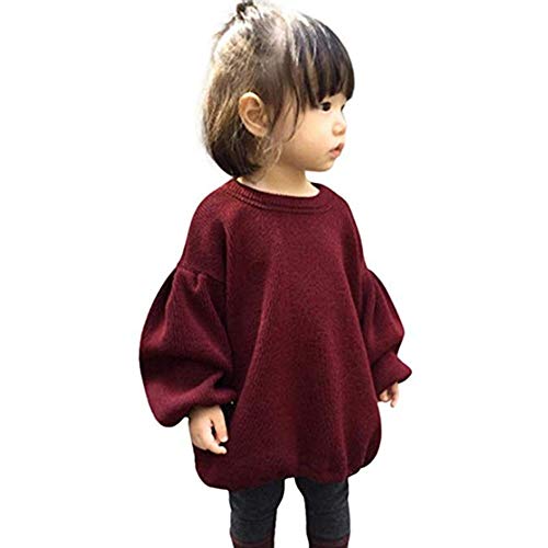 Toddler Baby Girl Knitted Sweater Kid Lentern Sleeve Ruffle Warm Spring Fall Winter Pullover Tops Outfits (Wine Red, 1-2T)