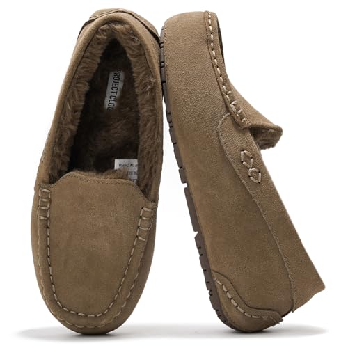 Image of Project Cloud 100% Genuine Leather Slippers for Women - Fur Lined Outdoor Slippers for Women Footwear with Memory Foam - Stylish Womens Moccasin (Cathi)
