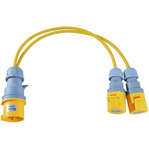 110V 32 AMP Plug to 2x 16 AMP Sockets Splitter 2 Way 2.5mm Arctic Yellow Cable Cover