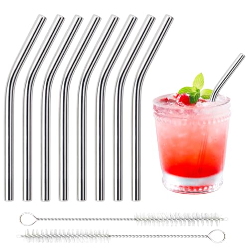 8 Pack 6 Inch Short Bent Metal Cocktails Straws, Reusable Stainless Steel Smoothie Drinking Straws with Cleaning Brush for Coffee Mugs, Small Glasses or Cups