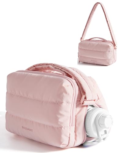 BAGSMART Puffy Water Bottle Crossbody Bags for Women, Small Cross body Purse With Bottle Holder, Hobo Handbag for Travel, Candy Pink