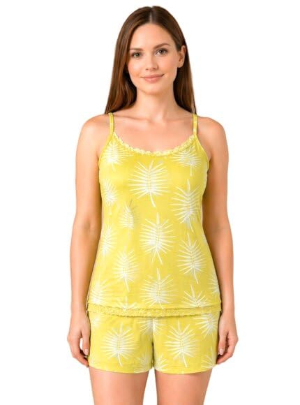 Women’s Printed Sleeveless T-Shirt & Shorts Set | Viscose Rayon Soft & Breathable Relaxed Fit Nightwear & Lounge Wear Set for Sleep & Home Comfort - Yellow-image-45