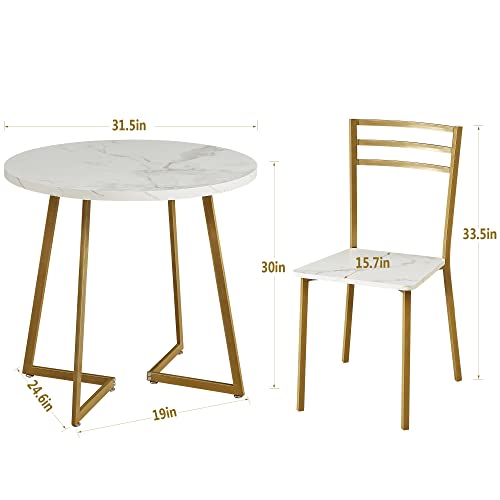 Vecelo Small Round Dining Table Set For 2, Wood Marbled Tabletop With Steel Frame, Modern Dinette With Chairs For Kitchen Breakfast Nook Living Room, White And Gold #TOP4