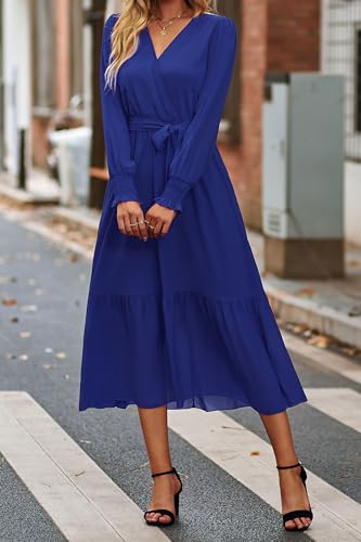 Image of PRETTYGARDEN Women's Floral Boho Dress Fall Long Sleeve Wrap V Neck Ruffle Flowy Maxi Spring Wedding Guest Vacation Dresses