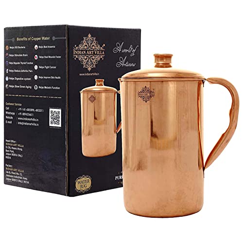 Indian Art Villa Jarra hecha a mano de cobre puro jarra con tapa de almacenamiento de agua para servir yoga indio, ayurveda, 40 onzas Cover
