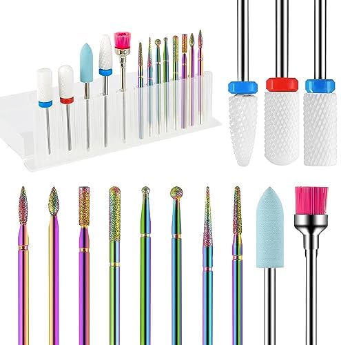 PAIRIER 13pcs Ceramic Nail Drill Bits Sets, 3/32 Inch Diamond Cuticle Electric Nail File with Box, Electric Manicure Nail File Bit for Acrylic Gel Nails Cuticle Manicure