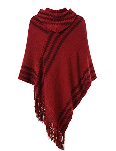 Ferand-Gestreifter-Damen-Poncho-Cape-mit-Zickzackmuster-und-Kapuze-Bequemer-Pullover-mit-Fransen