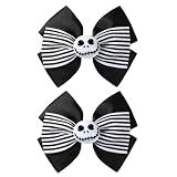 2Pcs Ghost Skull Hair Bows Black White Striped Ribbon Hair Clip Christmas Halloween Accessories Party Decorations