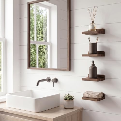 Image of Fixwal Small Floating Shelves for Wall (Dark Carbonized, Set of 4, 5Inch) | Rustic wood shelf for displaying mini frames, plants, collectibles. Fits bedroom, living room, bathroom, kitchen, or office.