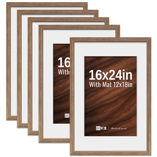 Image of VCK 16x24 Picture Frame 5 Pack, Walnut Wood, 12x18 Mat, for Wall Art