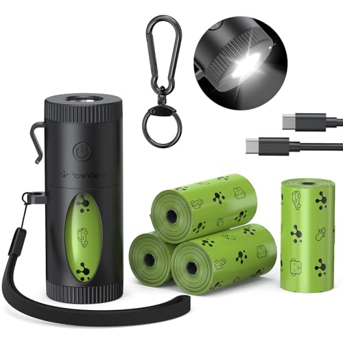 Dog Poop Bag Holder with 4 Modes Flashlight Rechargeable, Smart Dispenser with Used Bags Hook & Retractable Bags Design, Dog Walking Accessory with Carabiner Clip Fits Any Leash (60 Bags Included)