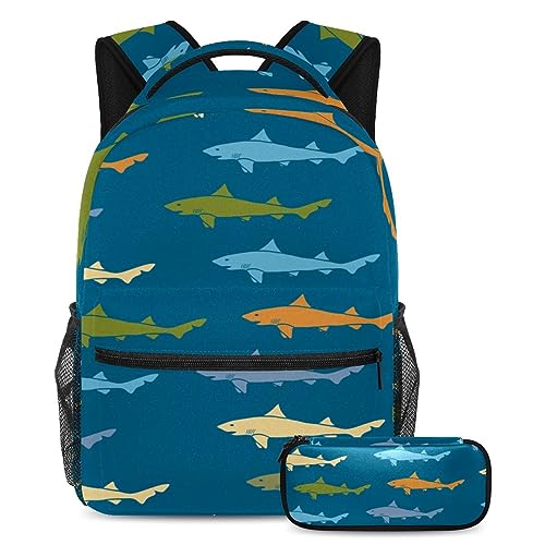 Sac à dos requin imprimé artistique multicolore avec trousse assortie