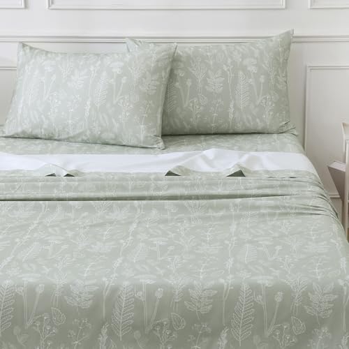 Homilay 100% Organic Cotton Percale Sheets Set,Full Size 4 PC, Breathable&Durable Hotel Quality Bedding, 16" Deep Pocket Botanical Floral Bedsheets,Sage Green