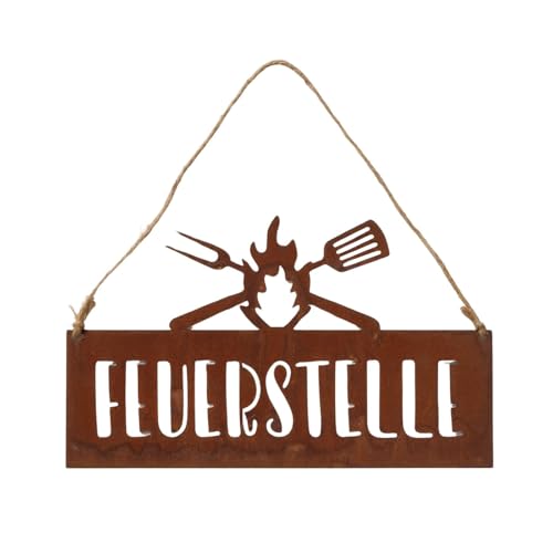 Boltze Home Deko Schild Rost mit Spruch Feuerstelle 30 * 18 cm Deko für Terasse Garten Metallschild aus Edelrost mit Henkel zum Aufhängen Deko Geschenk für Wohnzimmer Sommergarten Grillen