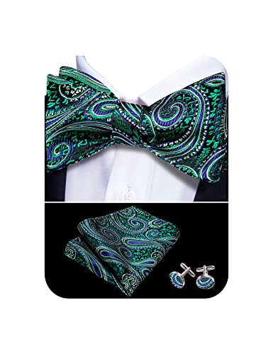 YOHOWA Self Tie Green Paisley Bow Tie Formal Pocket Square Set for Men Silk Bow Tie Cufflinks Set