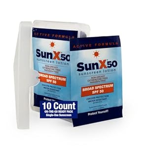 CoreTex Sun X 50 SPF Individual Sunscreen Packets Travel Size (10ct. with Carrying Case) – Free of Parabens, Oxybenzone, Octinoxate – Broad Spectrum (UVA/UVB) Sunscreen – Water Resistant Up to 80 Min.