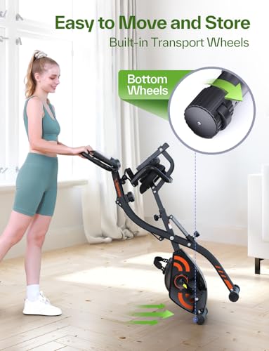 Image of Sportneer Foldable Exercise Bike with 16 Level Resistance Training | Arm Resistance Band PVC Floor Mat Fitness Bike for Home Gym Workout, Stationary Bike, Indoor Cycling Bike