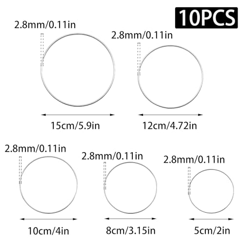 Image of 10 Pcs Dream Catcher Rings, Silver Metal Floral Hoops, Metal Rings for Crafts, 5 Sizes(2 /3 /4 /5 /6 Inch)