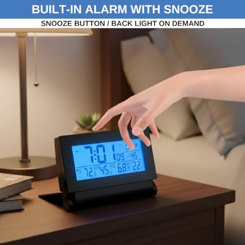 Digital Clock with Atomic RCC Time and Alarm | Indoor Temperature and Humidity Display | Wireless Sensor, Battery Operated with Blue Backlight for Bedroom or Desk - Image 5