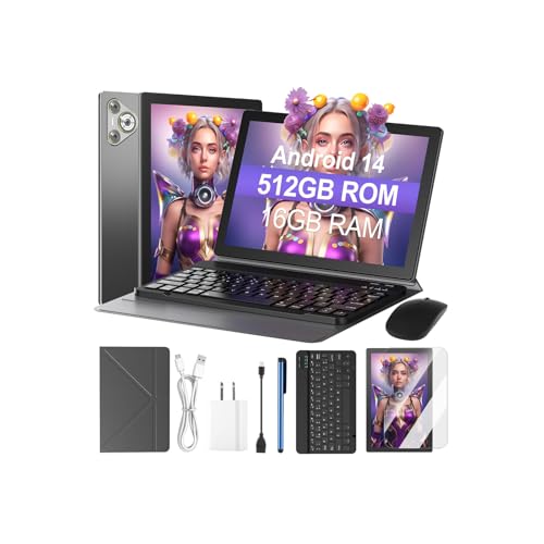Tablet Android 14, Tableta de 10,1 Pulgadas, 16GB RAM 512GB ROM, CPU Octa Core, 1280X800 HD IPS, Cámara Dual, 8000mAh, Kit de tabletas 9 en 1 con Teclado, Funda Protectora, Mouse, lápiz óptico