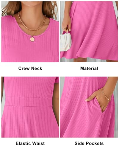 Image of Newshows Womens 2025 Summer Dresses Short Sleeve Ribbed Knit A-Line Swing Beach Vacation Outfits Casual Sundress with Pockets