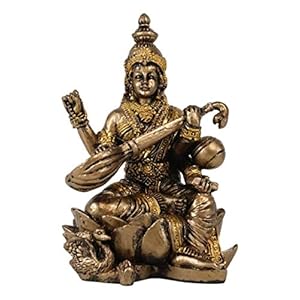 Ebros Eastern Enlightenment Vastu Hindu Beautiful Goddess Saraswati Seated On Lotus Flower Throne Playing Veena Guitar Miniature Figurine 2.75″Tall Patron Deity Of Music Arts Knowledge Mini Sculpture