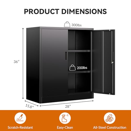 Image of BESFUR Metal Storage Cabinet 36 inch H, Garage Storage Cabinet with 2 Lockable Doors and 2 Adjustable Shelves, Garage Cabinet for Home Office, Garage,School, Warehouse, Utility Room,White