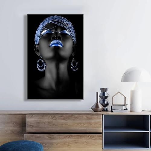 Toile femme noire africaine bijoux bleus pour habiller un grand mur vide