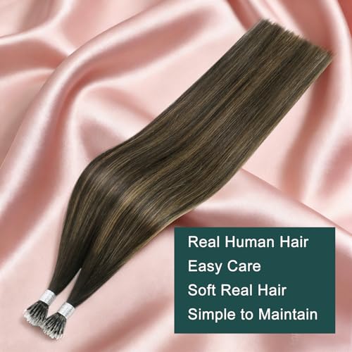 Image of Easyouth Nano Bead Hair Extensions Human Hair Balayage Brown 14 Inch 50G Ombre Dark Brown to Brown Nano Ring Beads Extension for Women Short Straight Hair 50S