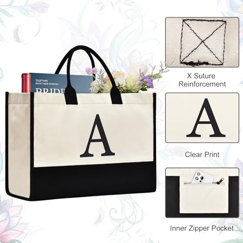 Image of GASSDA Initial Canvas Tote Bag Birthdays Gift for Women Mom Teacher Friend Bridesmaid,Custom for Wedding Beach Holidays
