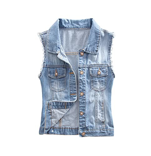 Gilet en jean court femme veste denim sans manches vintage bleu clair décontracté
