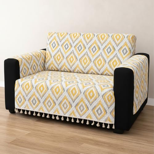 Image of House of Quirk IKATRA Series Quilted Printed Sofa Cover for Indian Sofa Set with Side Pocket - Premium Washable, Anti-Slip, Durable & Ultra Soft Fabric Protector (Sunburst, One Seater)