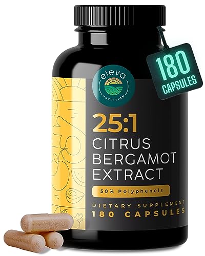 Citrus Bergamot Extract 1000mg Capsules — Natural 25:1 Citrus Bergamot Supplement with 50% Polyphenols Extract and Black Pepper — Natural Formula Vegan and Non-GMO — 180 Capsules