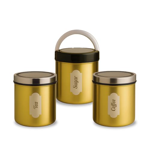 Image of Wonderchef Ambrosia Kitchen Organiser 3 Pc. Set with See-through Lid for Kitchen /Dining Table, Store Tea Coffee Sugar, Airtight Transparent Lid with Silicone Lock Mechanism, 1-Yr Warranty, Gold Finish