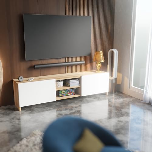 Image of Modern Living Room TV Stand with Open Display Compartment, Dual Side Storage Units, and Clean Contemporary Design for Home Decor | Assembly-DIY | Color-Asian Light & White