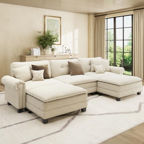Image of HERA'S HOUSE 116 inch Oversized U Shaped Modular Sectional Couch Living Room | Mid-Century Modern 5-Seater Cloud Sofa, White, Rolled Arms & Nailhead Trim, Wider Deeper Seats, Ottoman, Chenille