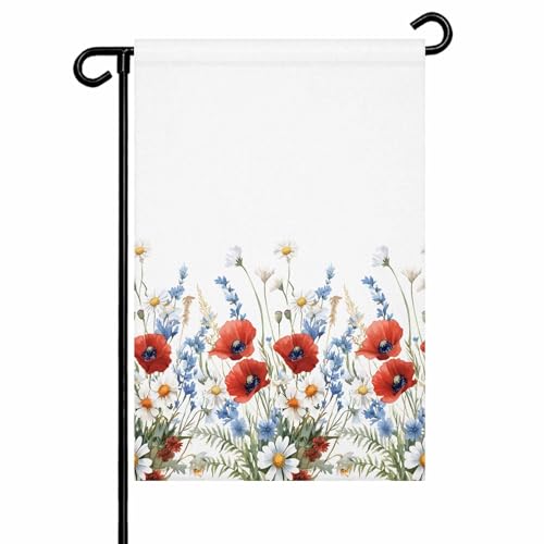 Red Poppy Garden Flag for Outside, Watercolor Plant Daisy Blue
