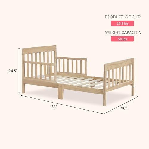 Image of Dream On Me Finn Toddler Bed, GREENGUARD Gold, Pinewood, Vintage White Oak | Low to Floor Bed, 2 Safety Guard Rails, Slatted Wooden Headboard & Footboard 50 Lb Limit, BSA Verified