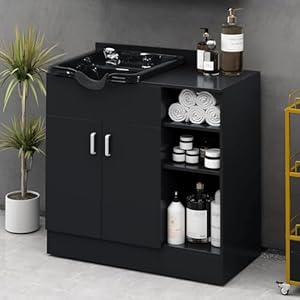 Black Shampoo Backwash Station for Salons, Salon Station with Shampoo Bowl, Storage Cabinet & Open Storage Shelves, Suitable Height Match with Shampoo Chair, Salon Equipment for Spa Beauty