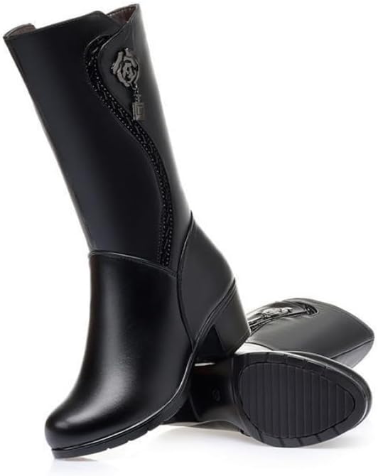 Women's Wool Lined Warm Winter Comfort Mid Block Heel Boots Anti Slip Zip Chunky Heel Fashion Classic Mid-calf Boots Snow Boots - Image 5