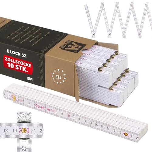Metrie BLOCK52 Holz Zollstock/Zollstöcke 10x Stück|2m langer Gliedermaßstab, Meterstab mit Duplex-Teilung - Weiß, Hergestellt in der EU