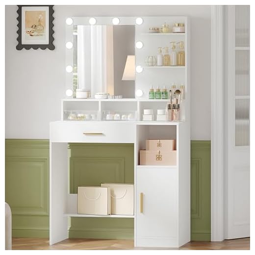 Hzuaneri Dressing Table with Mirror and 10 LED Lights, Vanity Table, Makeup Vanity with 3 Shelves & 4 Open Compartments, Large Drawer & Cabinet, Adjustable Lighting Brightness, White VT08103XUK