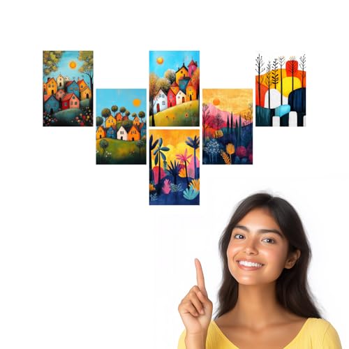Image of SiddArtify Colorful Village Wall Art Prints Set - Whimsical Landscape Poster Decor for Living Room Bedroom Office - Set of 2-4x6 Inch - Board (Pack of 6) - Sticker (Pack of 6)