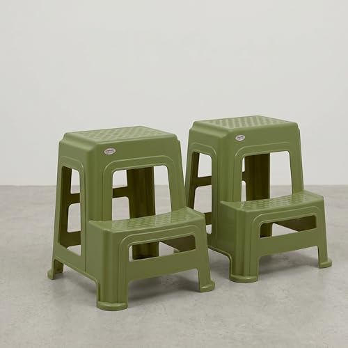 Image of Oaknest Supreme Multipurpose Plastic 2-Step Stool for Kids & Adults - Anti-Slip Lightweight Stepping Stool for Kitchen, Bathroom & Home - Mehandi Green, 2 Piece