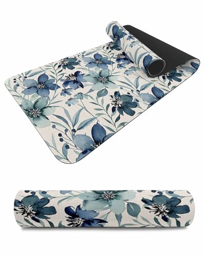 Debedcor Heat Proof Table Pads Waterproof Decorative, Navy Blue Teal Floral Non-Slip Table Countertop Protector, Pastoral Botanical Burlap Insulation Mat for Dining Room, 48 x 12 Inches